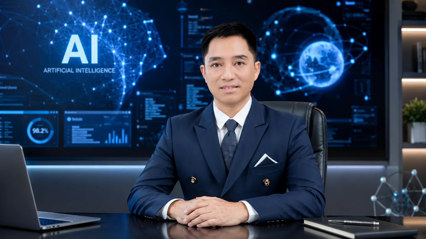 Nguyễn Ngọc Hòa trong không gian làm việc về trí tuệ nhân tạo